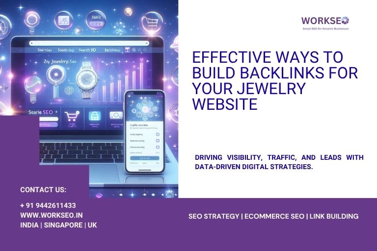 Illustration of SEO backlink building strategies for jewelry websites, featuring digital dashboards, graphs, and a mobile interface by WorkSEO.