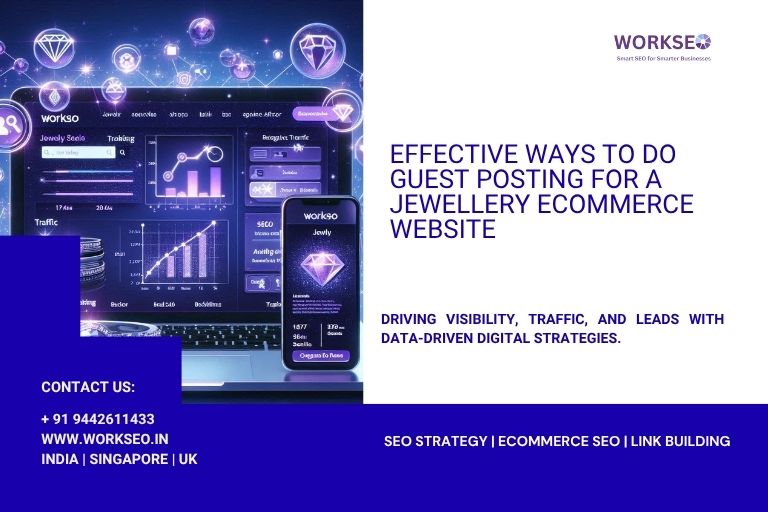 Digital marketing graphic showing SEO analytics and guest posting strategies for a jewellery e-commerce website, by WorkSEO.