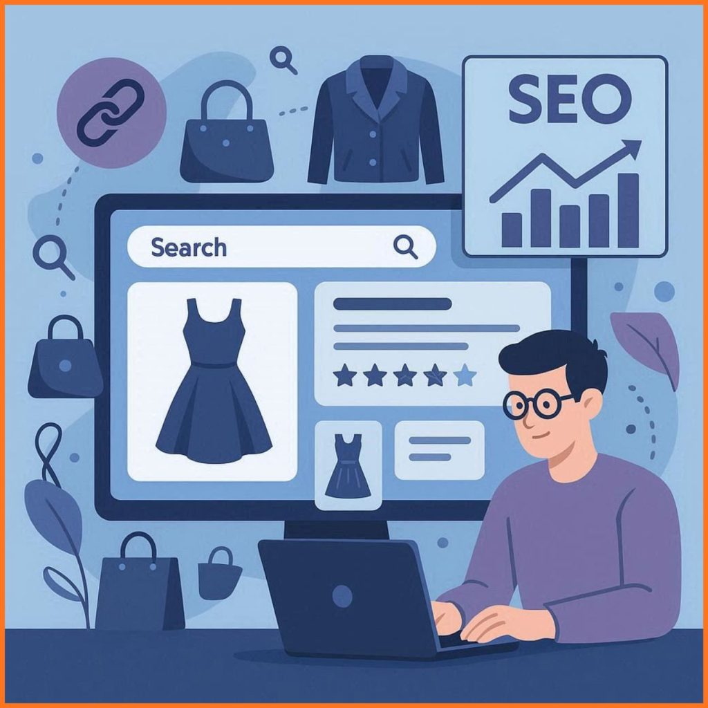 Flat vector illustration of fashion ecommerce SEO showing product page optimization, analytics dashboard, and clothing items in light blue, dark blue, purple, and orange color tones