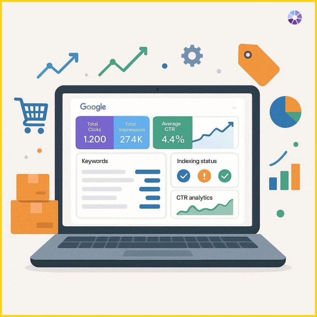 Flat vector illustration showing Google Search Console dashboard with ecommerce SEO analytics, charts, and online store optimization elements