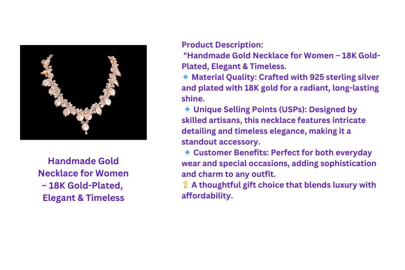 an image shows a gold necklace with proper title and product description