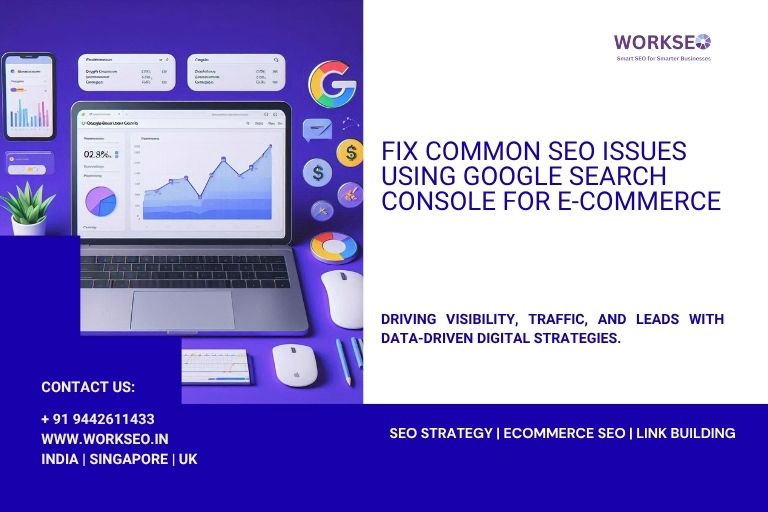 Laptop screen displaying Google Search Console analytics for e-commerce SEO performance, surrounded by SEO icons, mobile device, and GSC elements on a purple background.