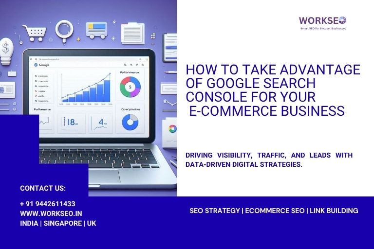 Laptop screen showing Google Search Console performance dashboard with SEO charts and data. Surrounded by e-commerce and analytics icons in blue and purple tones.