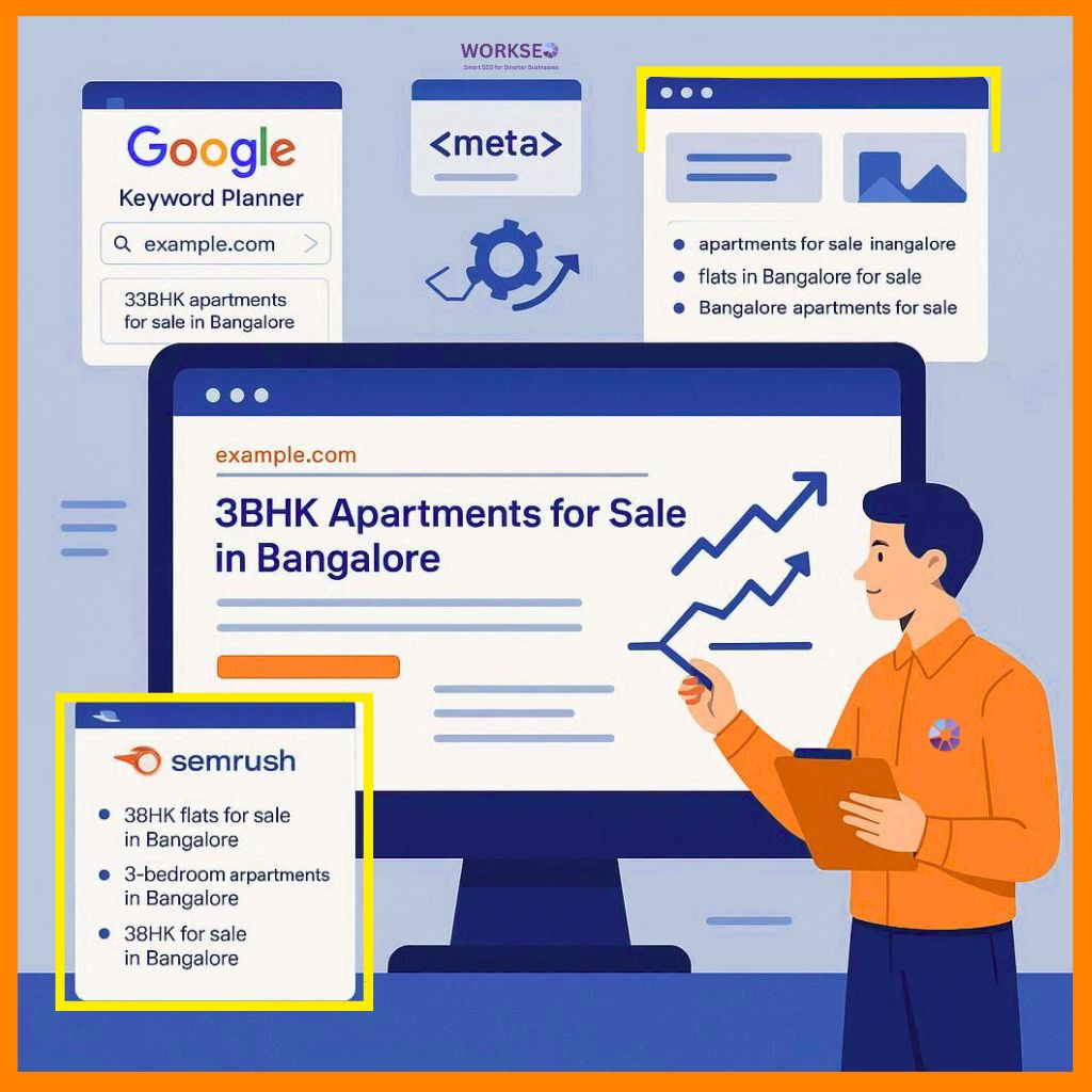 SEO expert optimizing a real estate website using keyword research tools and applying keywords to titles, meta descriptions, URLs, and image alt text for better rankings.