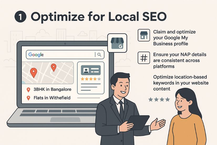 Illustration showing a digital device with Google Maps, location pins, reviews, and a real estate agent using a tablet with a client