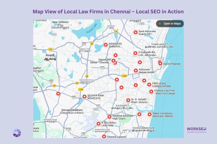 Map of Chennai displaying various law firm and advocate listings, illustrating how local SEO helps law firms appear in map results.