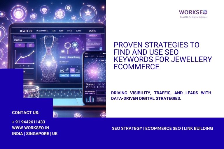 Illustration of a jewellery e-commerce SEO dashboard with keyword strategy visuals by WorkSEO, featuring charts, search metrics, and digital jewellery graphics.