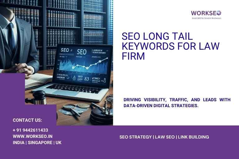 Laptop displaying SEO analytics in a law office setting, promoting long-tail keyword strategies for law firms by WorkSEO.