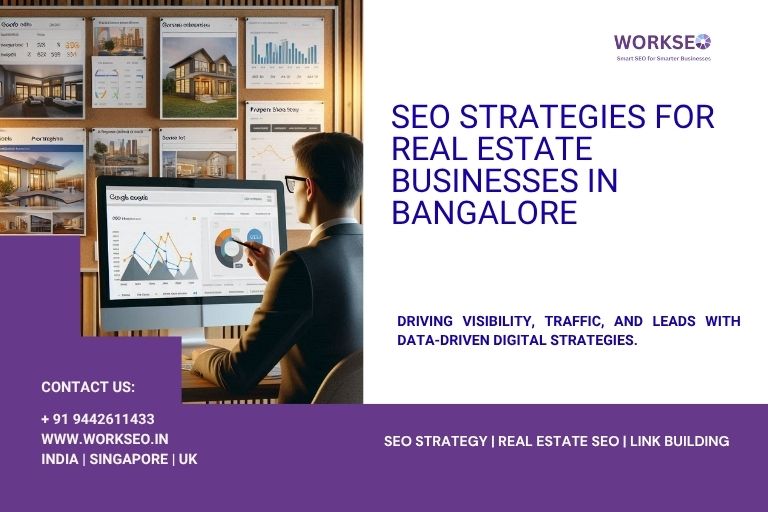 Professional analyzing SEO performance charts for real estate listings on a computer, with real estate property visuals and analytics dashboard.