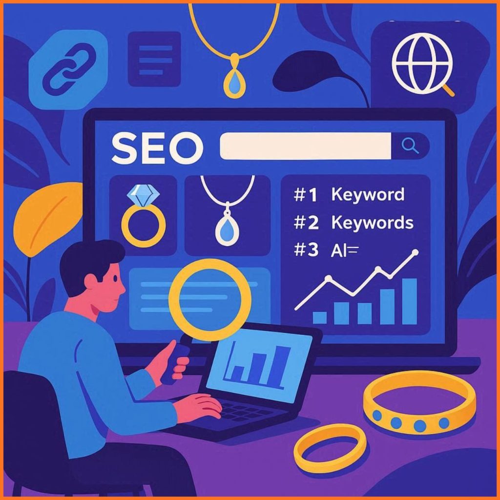 Flat vector illustration showing SEO optimization for a jewelry ecommerce website with analytics dashboard, backlinks, keyword rankings, and jewelry elements in blue, purple, and orange tones