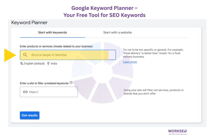 Screenshot of Google Keyword Planner with the keyword "divorce lawyer in Mumbai" highlighted, showcasing how to search for SEO keywords