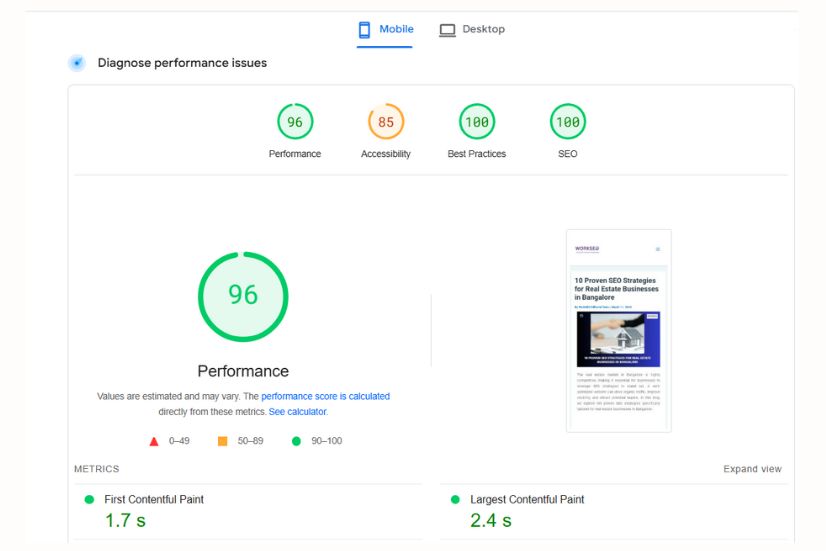 a image shows about mobile speed of website and loading optimisations
