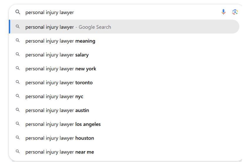 image shows the google auto complete
