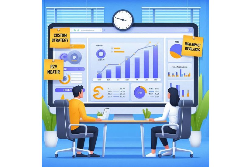Two professionals analyzing SEO performance metrics and ROI charts on a large digital screen, with notes highlighting custom strategy, ROI metrics, and high-impact deliverables.