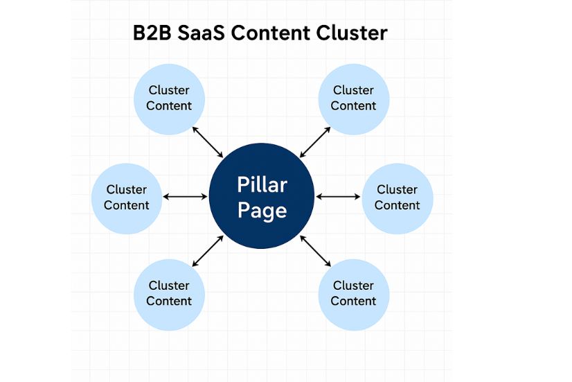 Visual diagram showing topic clustering for B2B SaaS SEO strategy with a central pillar page connected to multiple cluster content pieces