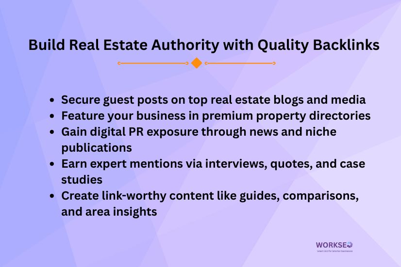 Real estate SEO backlink strategy by WorkSEO showing guest posts, digital PR, expert mentions, and link-worthy content for higher authority.