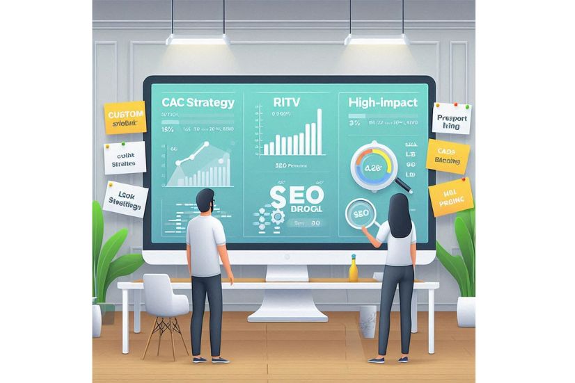 A modern, clean workspace with two people reviewing an SEO performance dashboard on a large screen. The screen shows charts, ROI metrics (CAC, LTV, MRR), and SEO graphs. Nearby, sticky notes labeled “Custom Strategy”, “Transparent Pricing”, and “High-Impact Deliverables” are visible. The scene conveys collaboration, affordability, and growth-focused strategy—ideal for a B2B SaaS startup environment. Style: Flat illustration or soft gradient corporate 3D.
