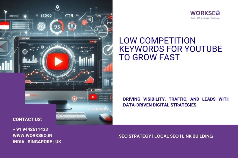 Computer screen showing YouTube analytics with SEO metrics and growth graphs for low competition keywords.