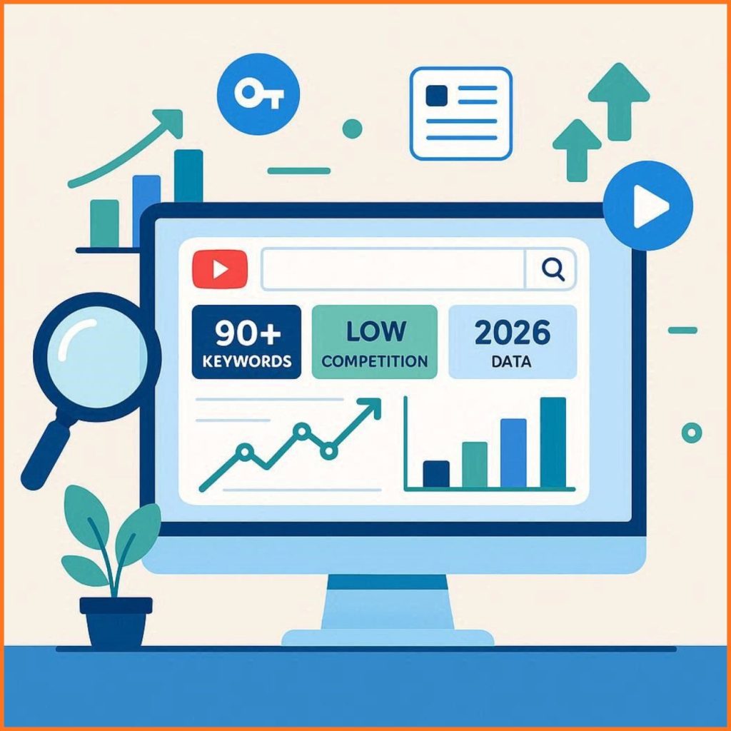 Flat vector illustration of a computer screen showing YouTube analytics, keyword research data, low competition keywords, SEO growth charts, and content strategy for 2026