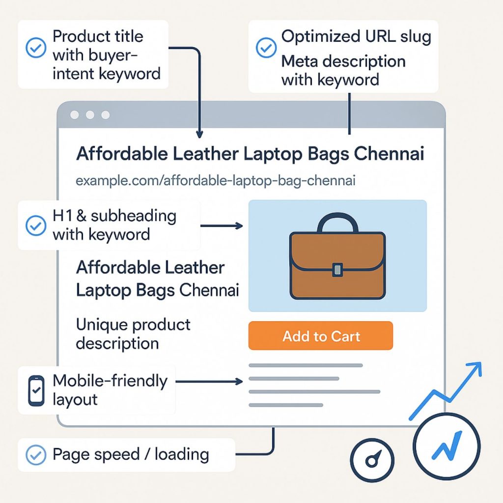 Infographic illustrating a professional eCommerce product page optimized for SEO. The image highlights key elements such as a buyer-intent keyword in the product title, optimized URL slug, meta description, H1 tag, unique product description, keyword-rich alt text for product images, mobile-friendly layout, and page speed indicators. Visual cues like checkmarks emphasize best practices, with an optional side graphic showing increased traffic and conversions due to improved optimization. Let me know if you'd like any refinements! 🚀