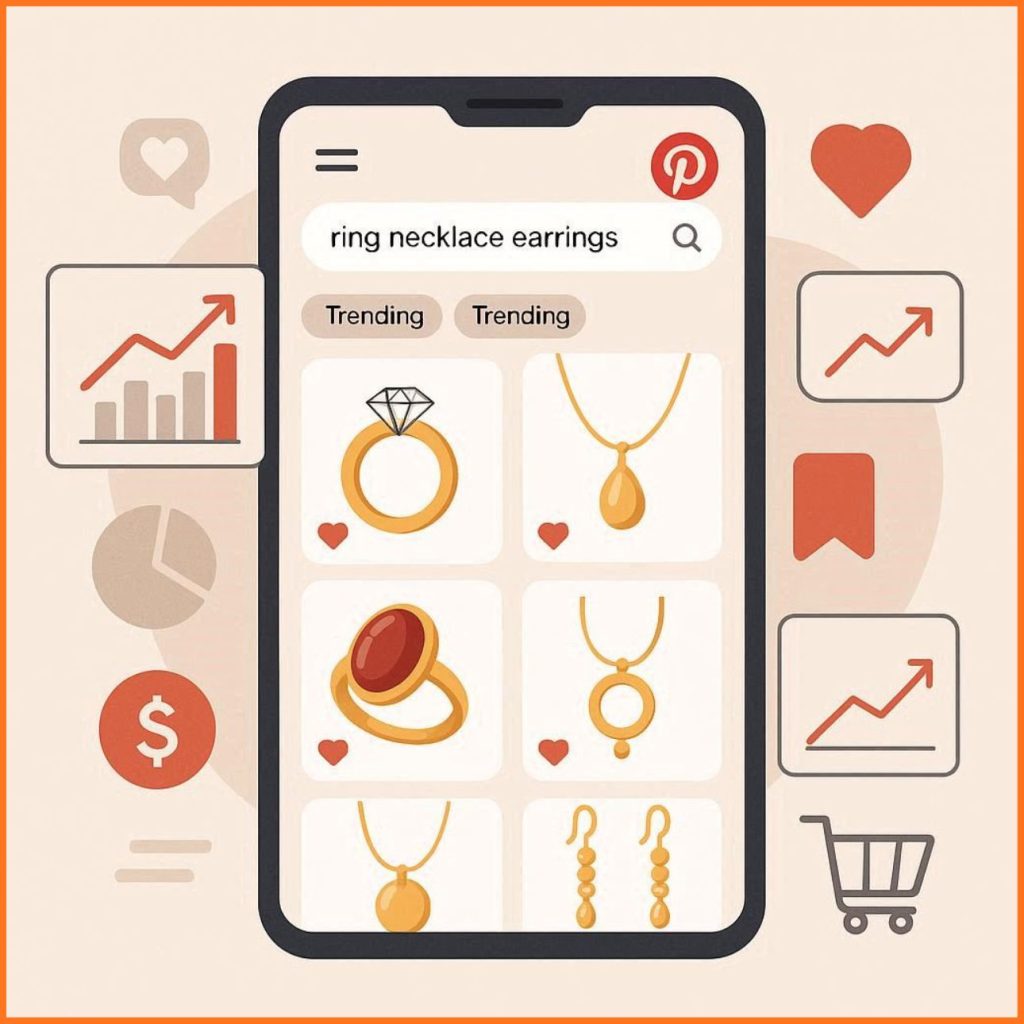 Flat vector illustration of Pinterest marketing for a jewelry business showing pins with jewelry images, SEO keywords, traffic analytics, and online sales growth for US brands