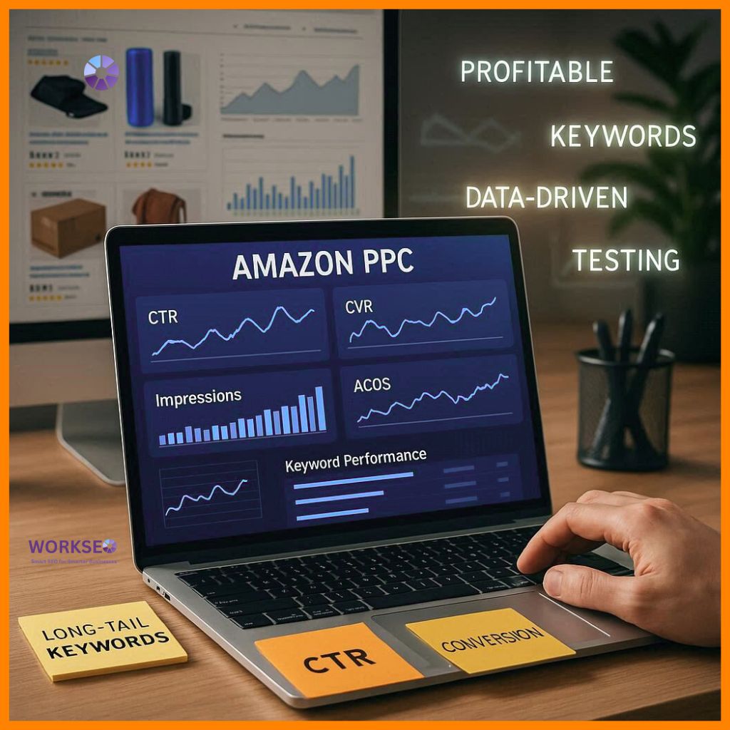 Marketer analyzing Amazon PPC campaign performance with charts showing CTR, CVR, impressions, and ACoS metrics for long-tail keywords.