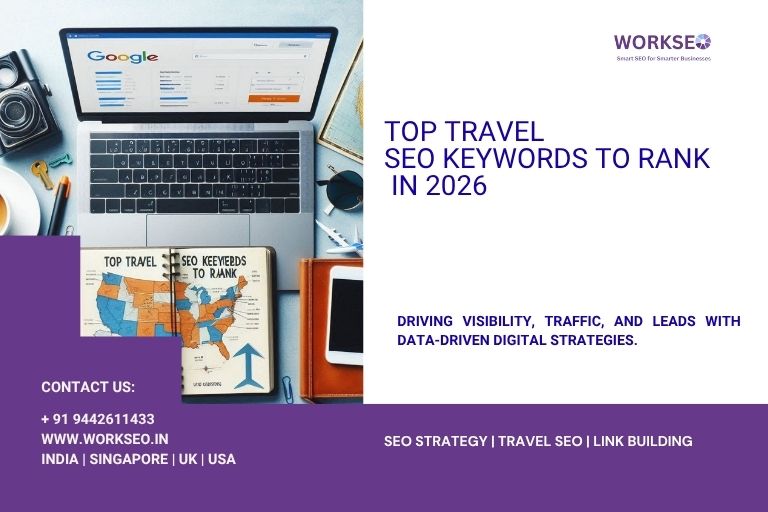 Flat-lay image of a laptop displaying Google Analytics, a notebook showing travel SEO keywords, and a U.S. map with SEO strategy visuals, promoting a guide on top travel SEO keywords to rank in 2026.