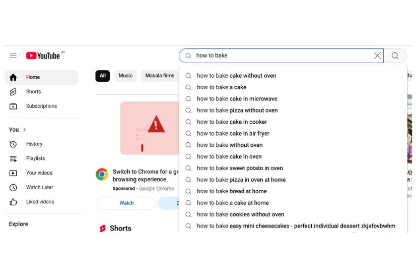 YouTube search bar showing auto-suggestions for the query "how to bake"