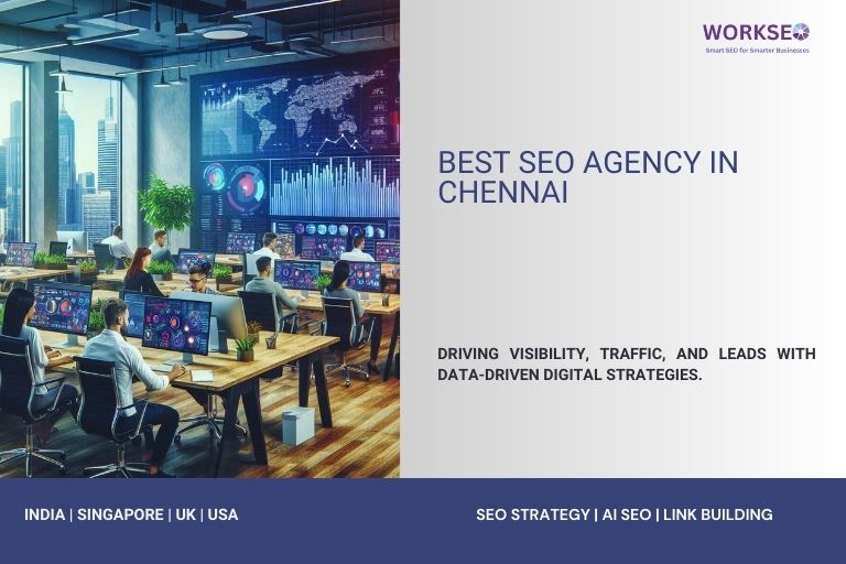Best SEO agency in Chennai office with digital marketing professionals working on multiple screens displaying analytics and data-driven SEO strategies.