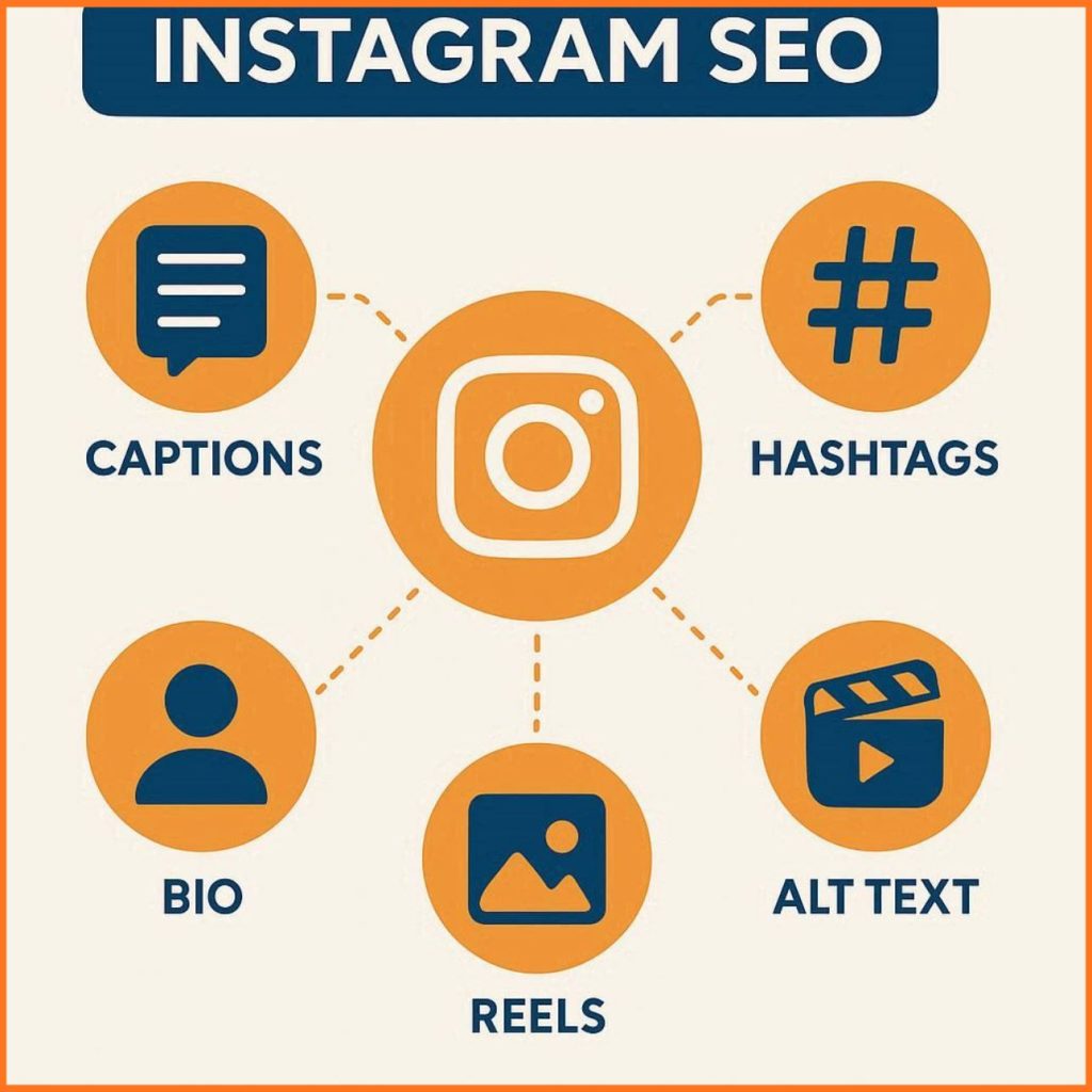 Visual guide on how to use SEO keywords on Instagram captions, bio, Reels, and hashtags in 2026