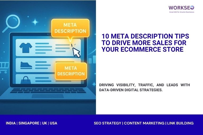 Illustration of an eCommerce website with highlighted meta descriptions, SEO icons, and a growth graph representing how optimized meta descriptions boost clicks and sales.