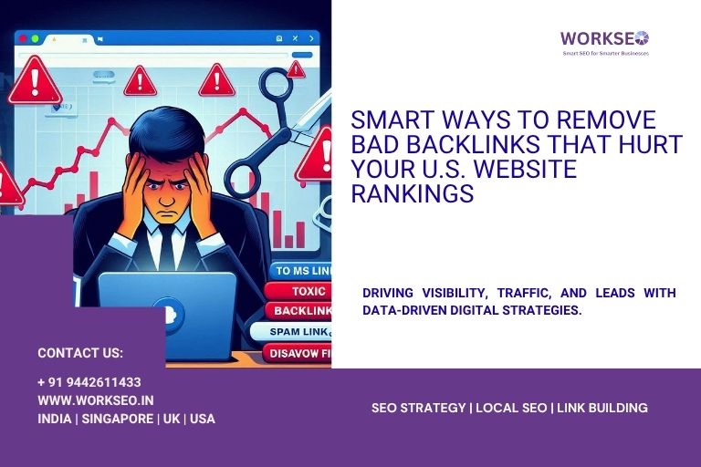 An overwhelmed business owner sits in front of a laptop, surrounded by red warning icons labeled "Toxic Backlinks," "Spam Links," and "Disavow File," illustrating the stress caused by harmful backlinks. Text beside the image reads “Smart Ways to Remove Bad Backlinks That Hurt Your U.S. Website Rankings.”