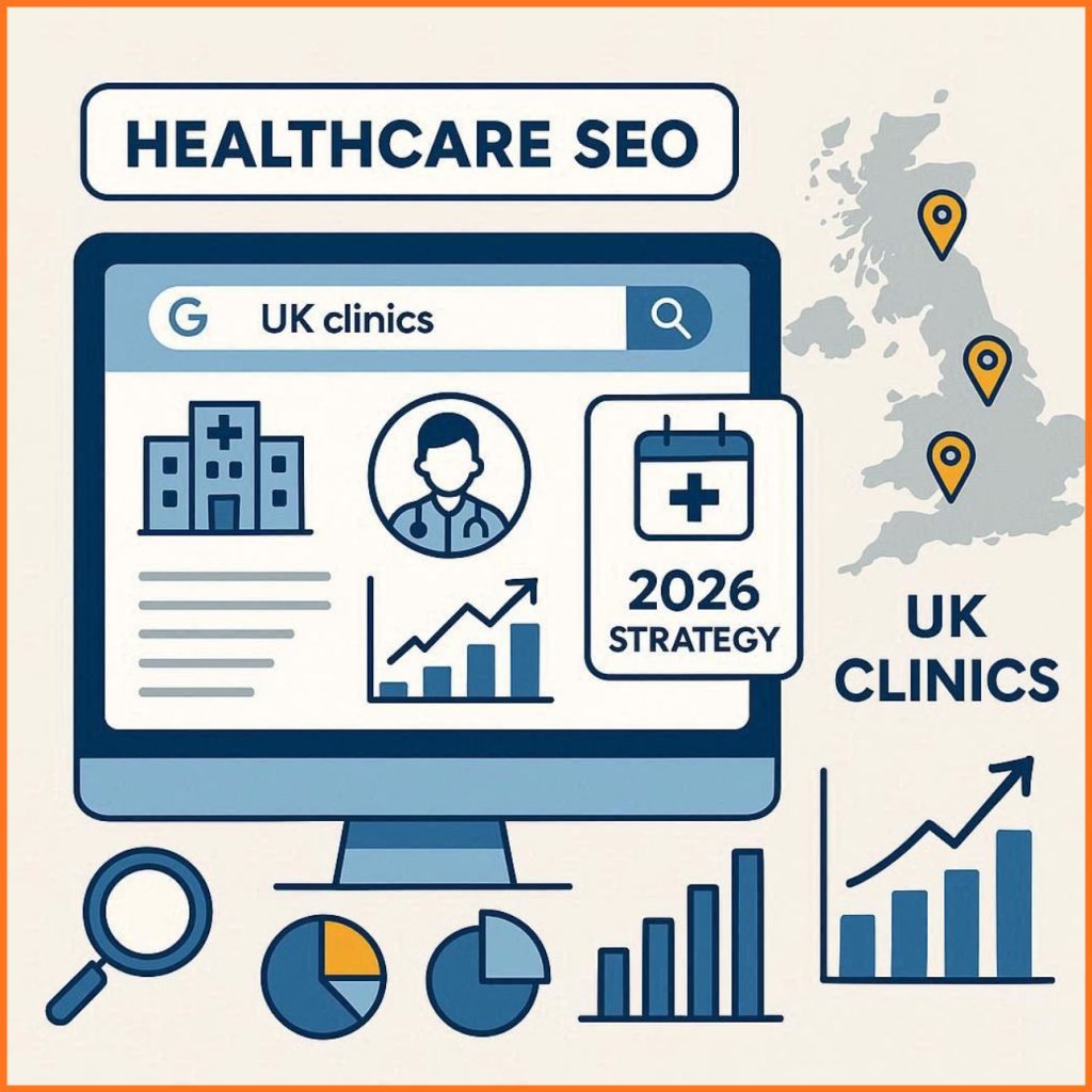 Flat vector illustration of healthcare SEO strategy showing a clinic website, Google search rankings, local SEO map pins, patient booking icons, and growth analytics for UK medical practices