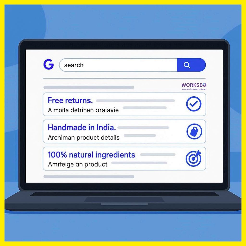Laptop displaying a search results page with meta descriptions featuring unique selling points such as “Free Returns” and “Handmade in India.” Visual icons represent trust, value, and audience targeting. Blue-toned clean design highlights improved SEO, better user experience, and enhanced brand recall.