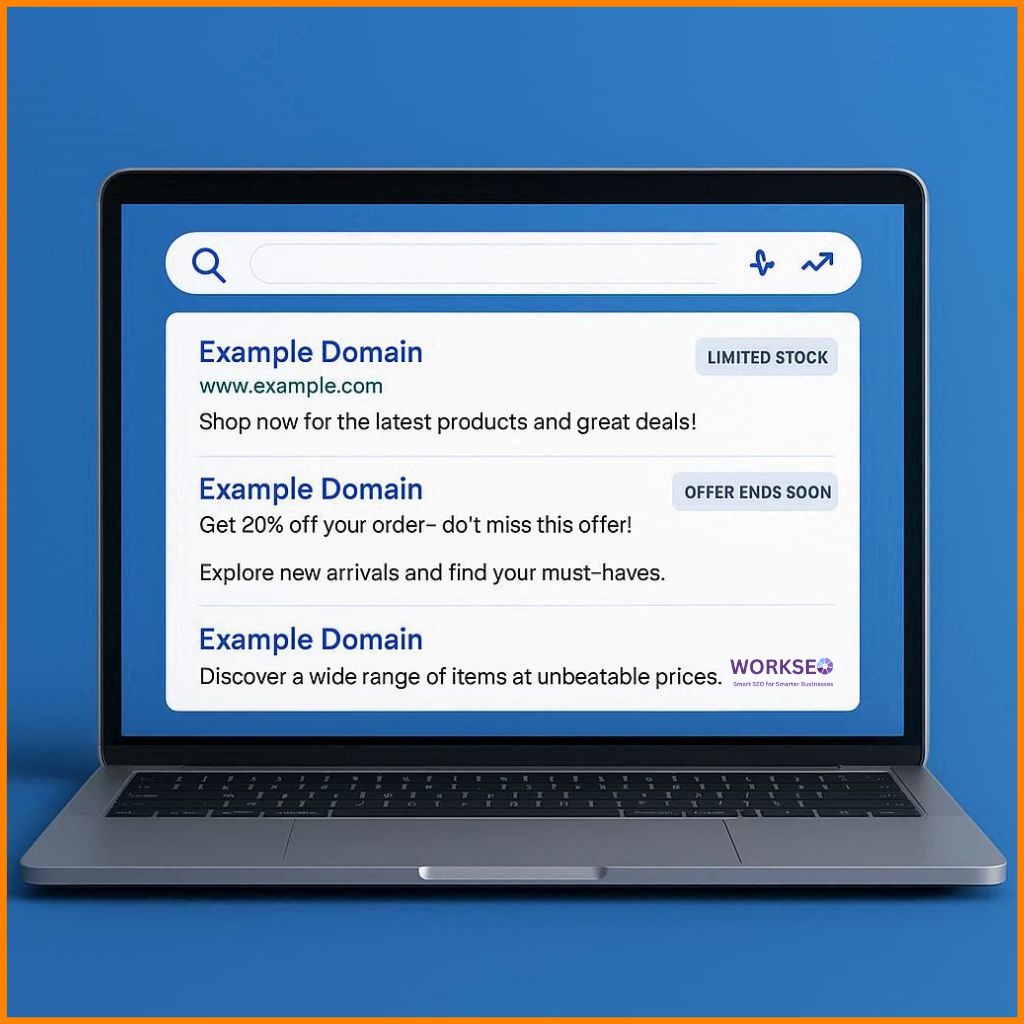 Laptop displaying a search results page with a meta description containing action-focused phrases such as “Shop Now” and “Get 20% Off.” Visual elements show urgency tags like “Limited Stock” and “Offer Ends Soon.” Blue-themed clean design highlights user engagement, clicks, and improved click-through rates from effective CTAs.