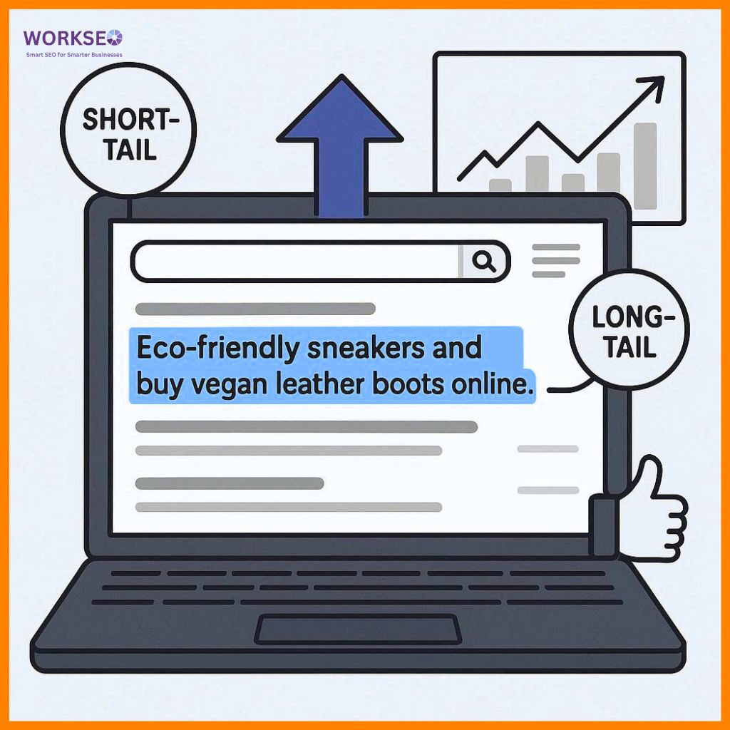 A search engine results page on a laptop screen showing a highlighted meta description. Keywords like “eco-friendly sneakers” and “buy vegan leather boots online” are emphasized. Visual elements illustrate short-tail and long-tail keywords, increased visibility, and higher click-through rates. The image represents effective meta description optimization for SEO and user engagement