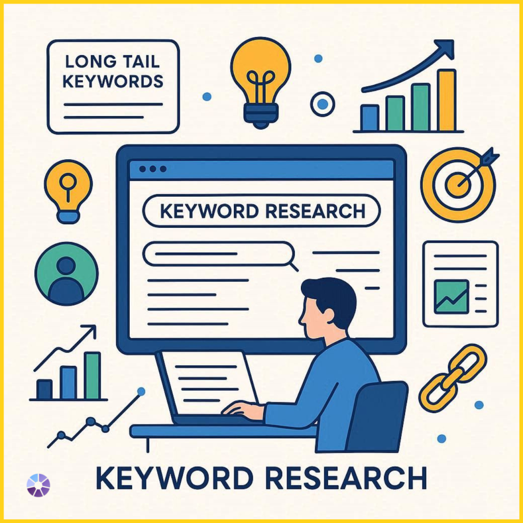 Flat vector illustration explaining the purpose of keyword research in SEO including search intent analysis, keyword targeting, and website traffic growth strategy.
