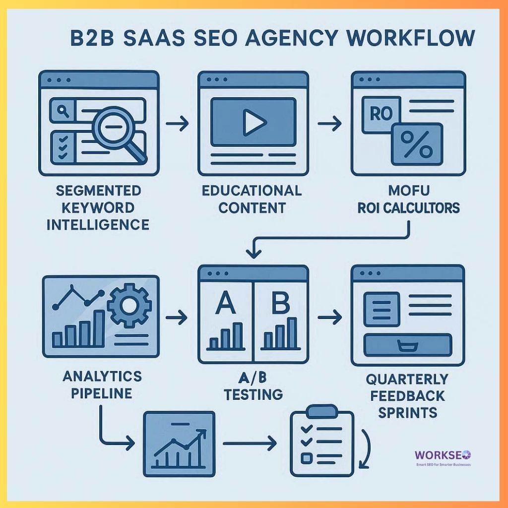 B2B SaaS SEO agency workflow showing keyword strategy, TOFU, MOFU, BOFU content, analytics pipeline, A/B testing, and feedback sprints in shades of blue.