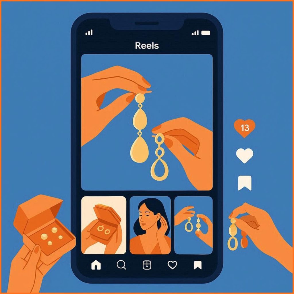 image of Instagram earrings reels ideas showing jewelry unboxing, styling, and transformation videos designed to boost engagement