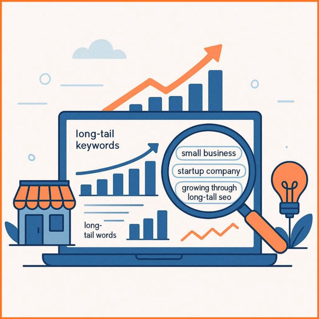 image showing how long-tail SEO helps small businesses and startups attract targeted traffic and grow with cost-effective search optimization.