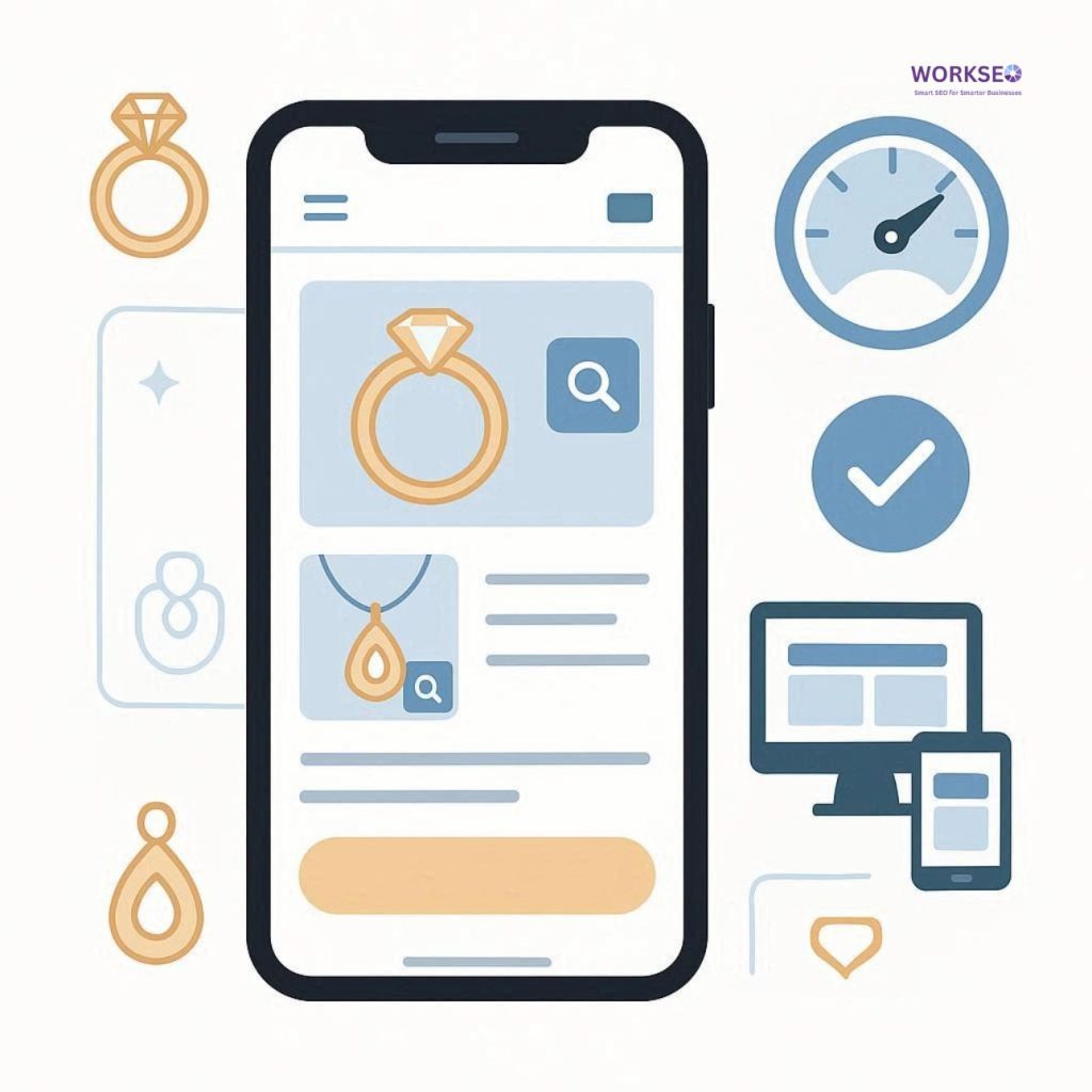image of a mobile-friendly jewellery website on a smartphone with SEO and UX elements like speed, responsive design, and easy navigation, all on a white background.