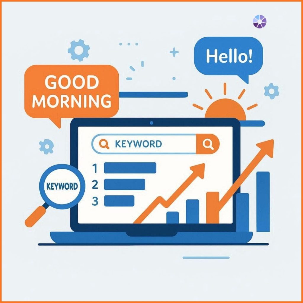image representing SEO keywords for good morning wishes, showing search rankings, content optimization, and traffic growth concepts in blue and orange design.