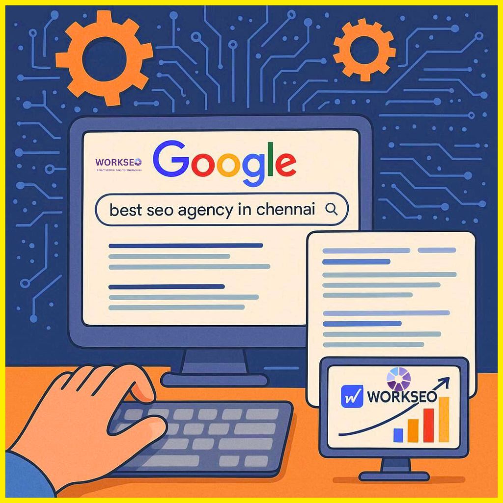 Illustration showing how Google processes a search query and ranks pages, highlighting WorkSEO’s role in improving rankings and visibility.