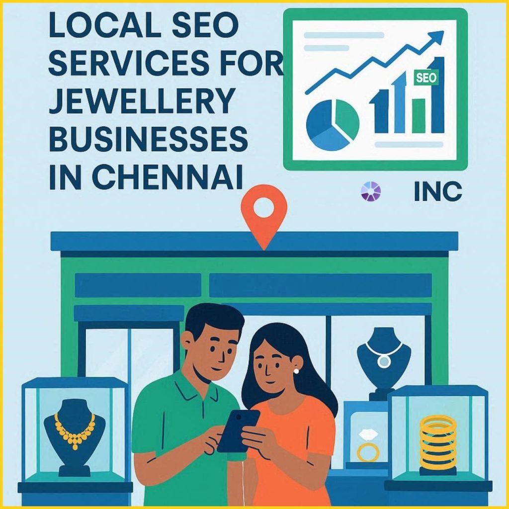 Flat vector illustration showing local SEO strategy for jewellery stores in Chennai with Google Maps pin, smartphone search, and jewellery showroom displays.