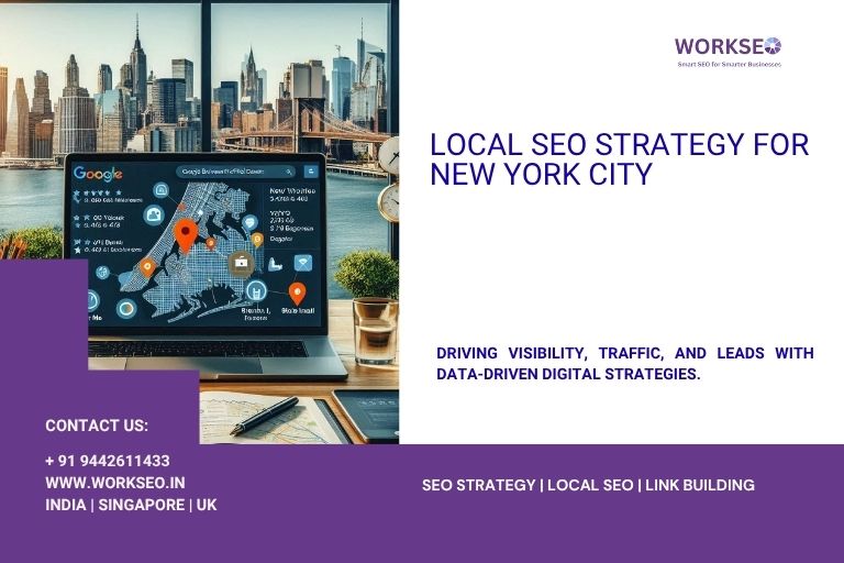 Laptop displaying a local SEO map for New York City, placed on a desk with a view of NYC skyline in the background; promotional material for WORKSEO digital marketing agency.