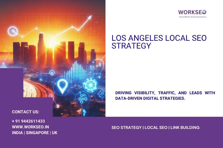 Los Angeles city skyline with digital SEO icons and upward trend lines representing local SEO strategy.
