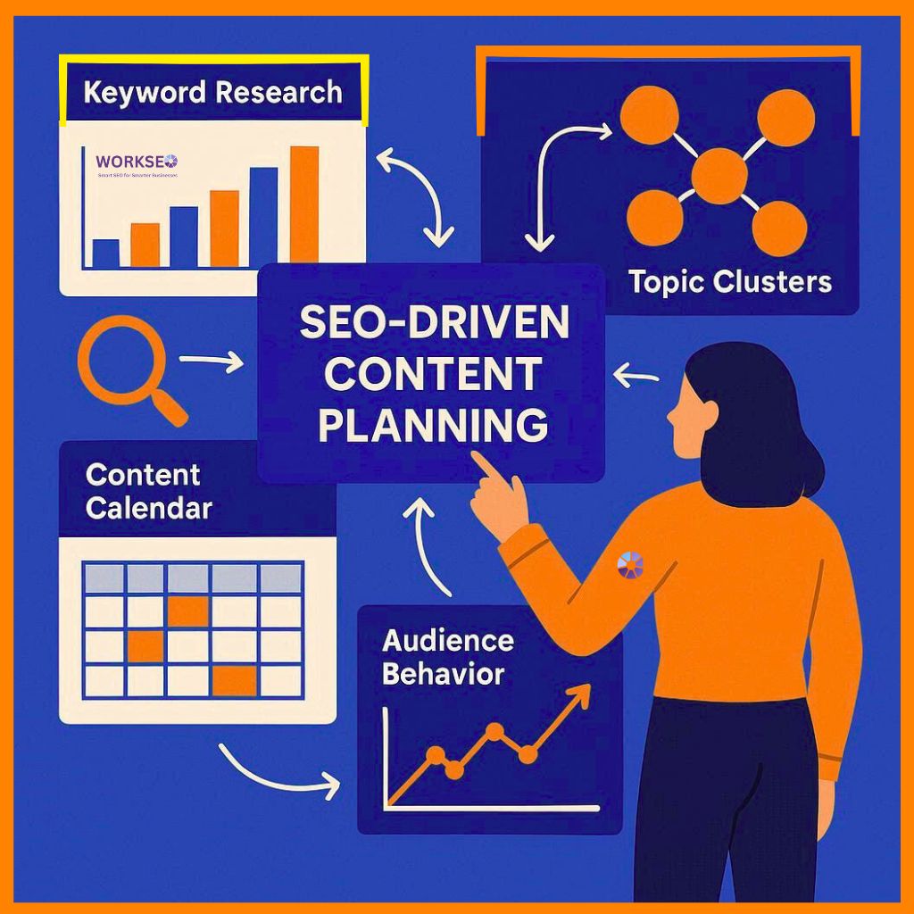 SEO content strategists creating a data-driven content plan with keyword research, topic clusters, and content calendars to generate leads and boost visibility for WorkSEO clients.