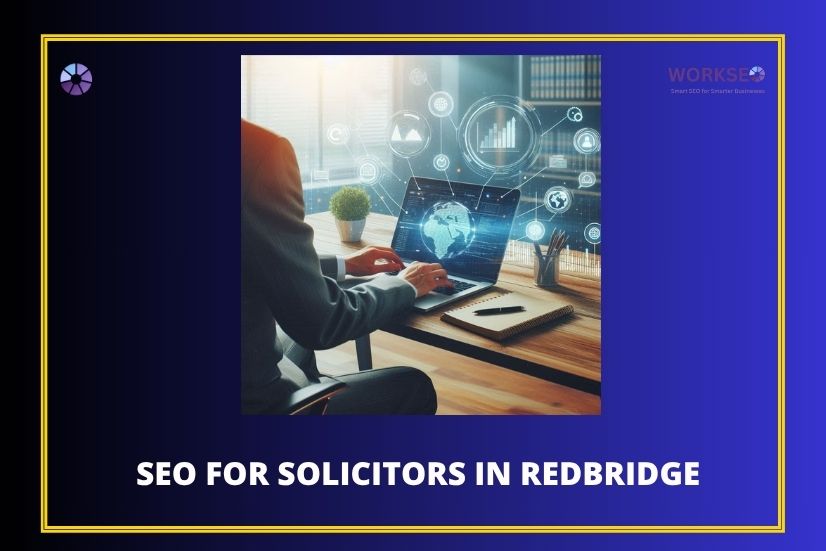 Businessman analyzing SEO data on laptop for solicitor services in Redbridge, London