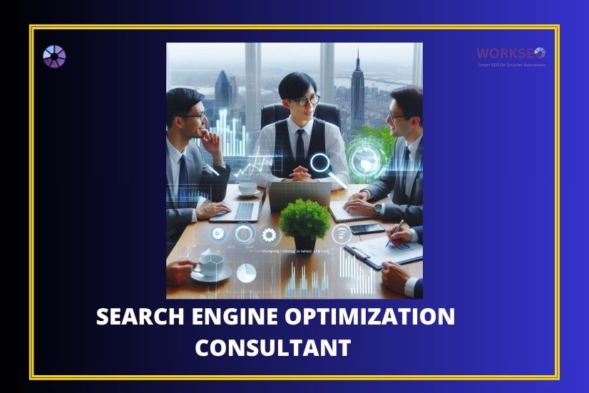 A group of business professionals discussing SEO strategy with digital analytics graphics overlayed, representing a search engine optimization consultant meeting.