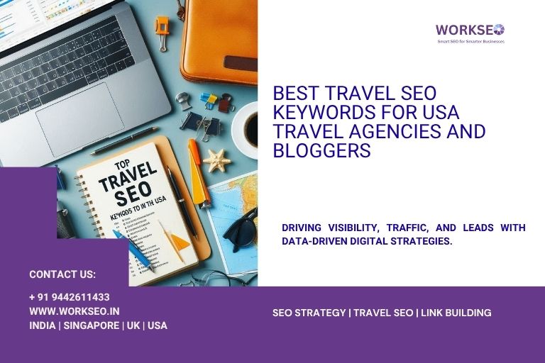 Flat-lay image featuring a laptop, notebook titled “Top Travel SEO Keywords to Win USA,” a U.S. travel map, and blogging accessories. The image promotes a digital marketing guide for travel agencies and bloggers in the USA.